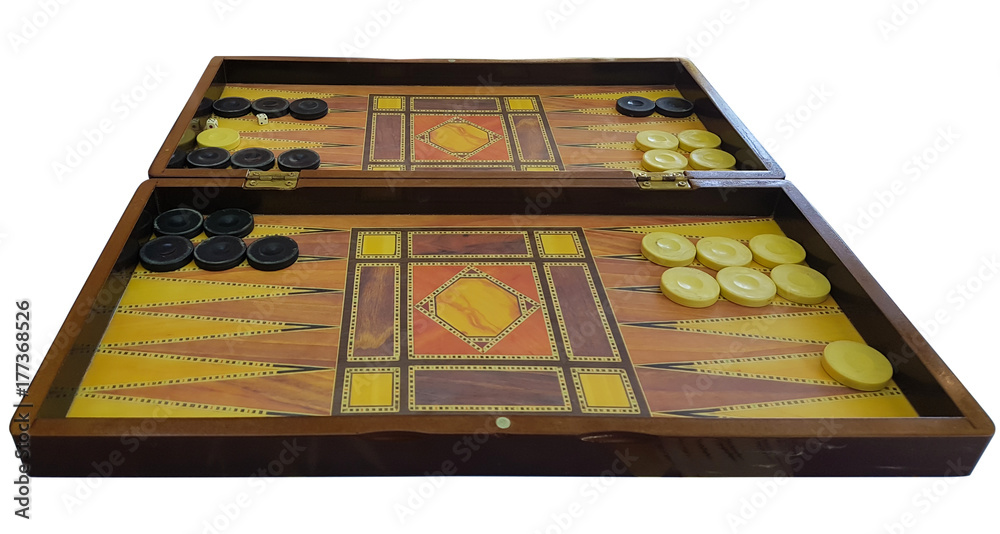 old wooden backgammon table isolated on white background old wooden backgammon table isolated on white background