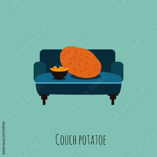 Funny pun concept of a couch potatoe eating chips. Vector illustration. Modern design.	