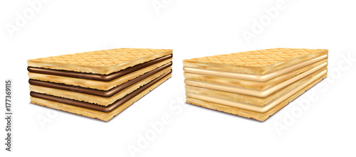 Set of vector illustrations of rectangular crispy wafers with chocolate and milk filling, isolated on white background in a realistic style.