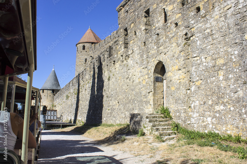 Towers and walls of the Cite de Carcassonne, a medieval fortress citadel located in the Languedoc-Roussillon region. A World Heritage Site since 1997