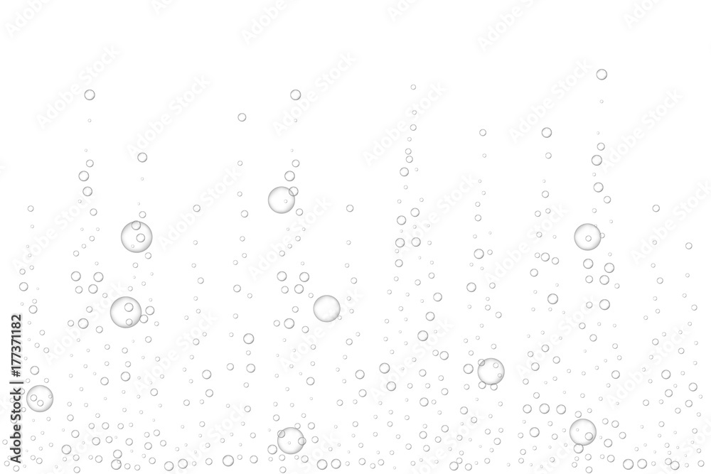 Realistic fizzing air bubbles, effervescent water on white background. Vector illustration.