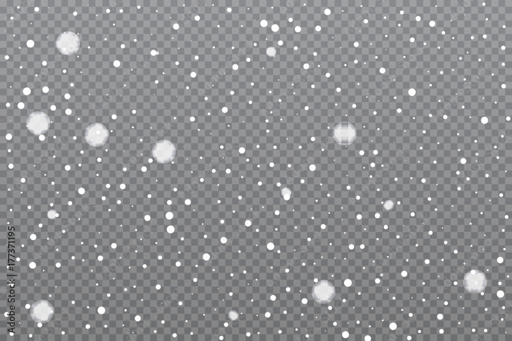 Realistic falling snow on transparent background. Vector illustration.