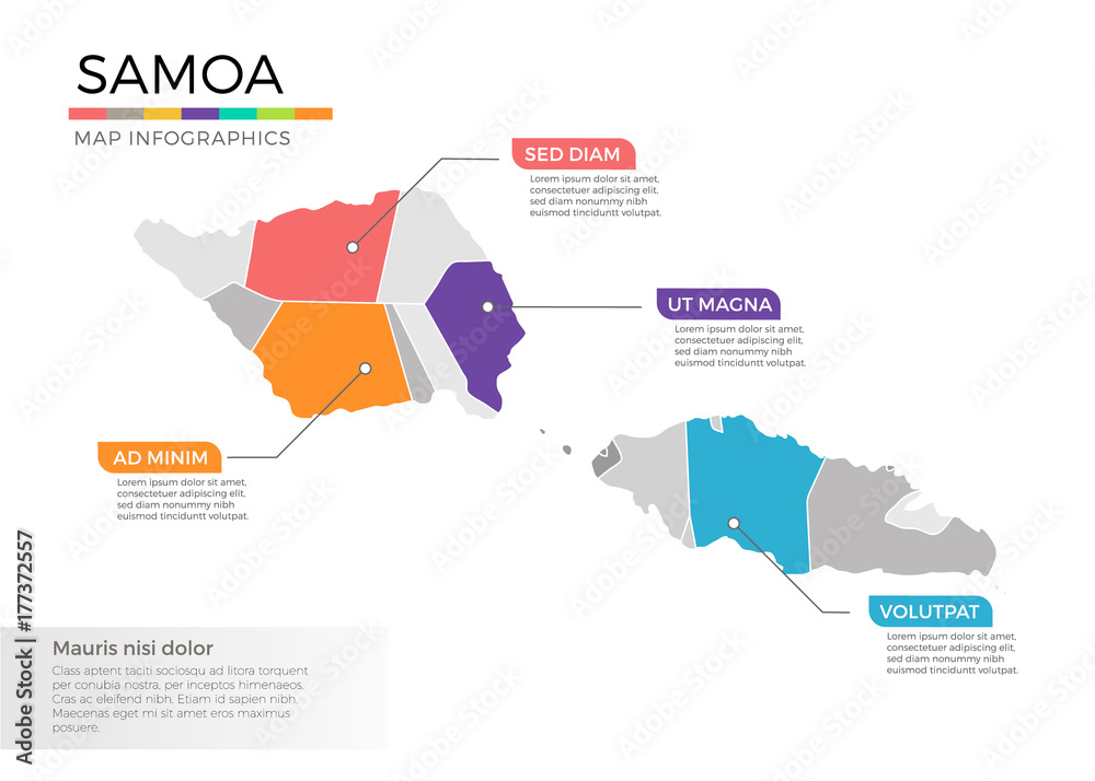 Samoa map infographics vector template with regions and pointer marks Samoa map infographics vector template with regions and pointer marks