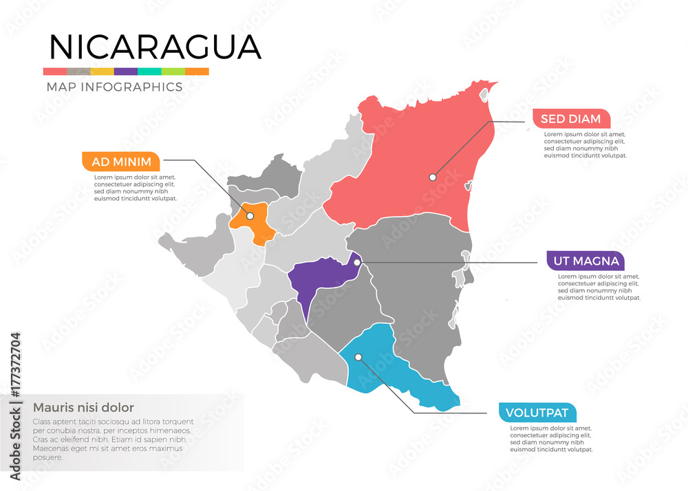 Fototapeta Nicaragua map infographics vector template with regions and pointer marks