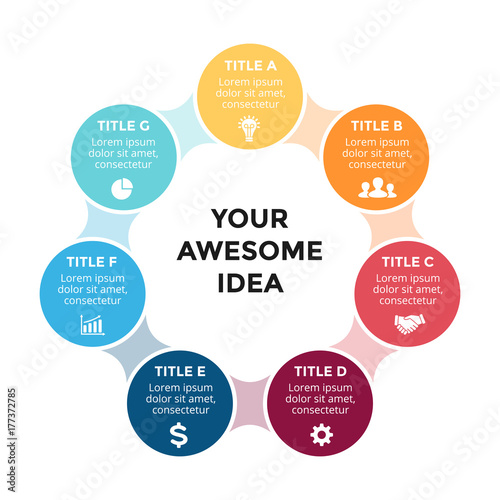 Vector circle arrows metaball infographic, cycle diagram, graph, presentation chart. Business concept with 7 options, parts, steps, processes.