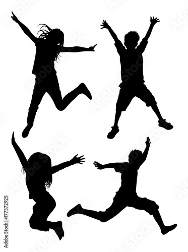 Kids jumping silhouette 03. Good use for symbol, logo, web icon, mascot, sign, or any design you want.