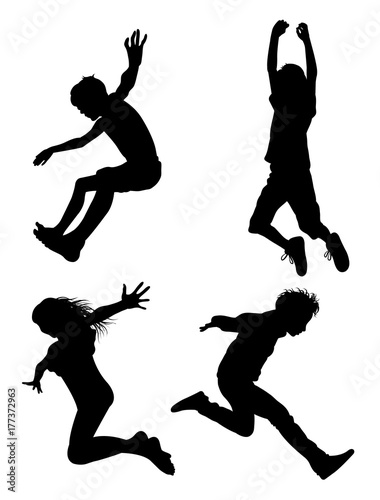 Kids jumping silhouette 02. Good use for symbol, logo, web icon, mascot, sign, or any design you want.