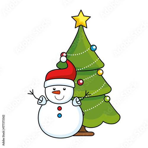 merry christmas pine tree with snowman character