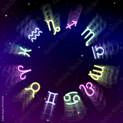 Astrology zodiac signs wheel with twelve colorful symbols in space. Full astrologic year
