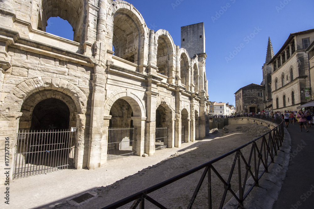 The Arles Amphitheatre (Arenes d'Arles in French), a two-tiered Roman amphitheatre in the southern France town of Arles. A World Heritage Site since 1981