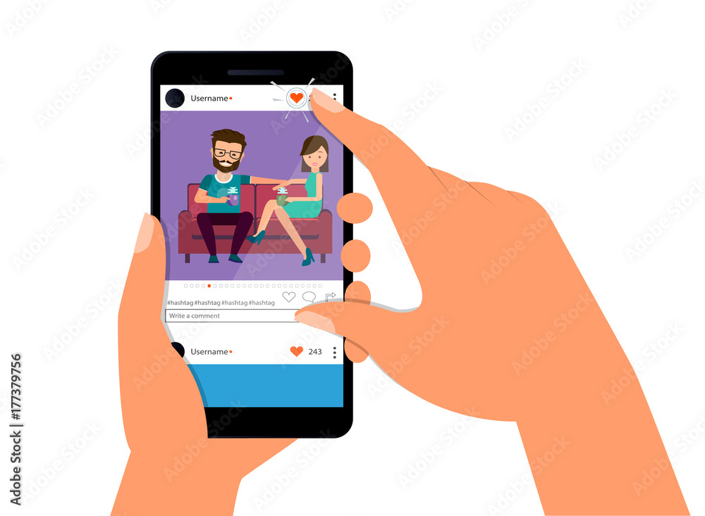 A female hand holds a smartphone with a photo on the smartphone screen. Multimedia, the concept of social networks. Modern simple flat design for web banners, website, infographic, social networks.