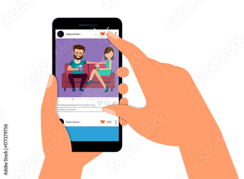 A female hand holds a smartphone with a photo on the smartphone screen. Multimedia, the concept of social networks. Modern simple flat design for web banners, website, infographic, social networks.