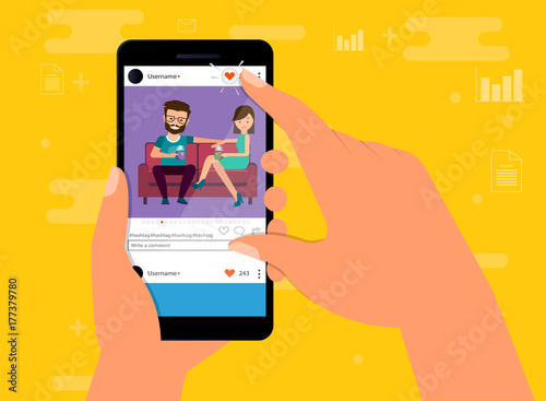 A female hand holds a smartphone with a photo on the smartphone screen. Multimedia, the concept of social networks. Modern simple flat design for web banners, website, infographic, social networks.