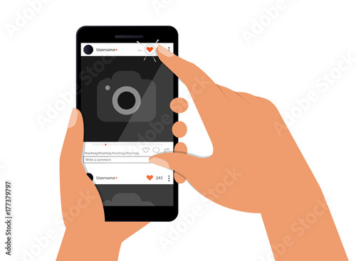 A female hand holds a smartphone with a photo on the smartphone screen. Multimedia, the concept of social networks. Modern simple flat design for web banners, website, infographic, social networks.