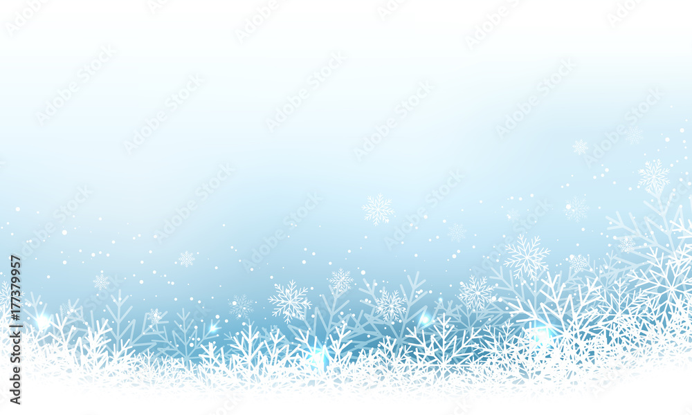 Fototapeta premium Christmas abstract vector wallpaper with snowfall, glitter, snowflakes and stripe for your content.