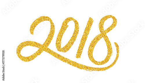 Happy New Year 2018 greeting card design template with golden text on white background. Calligraphy for chinese year of the dog. Vector illustration