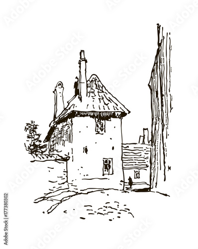 Hand drawing of the corner of the old Tallinn. Vector illustration in vintage style. Elements for design.