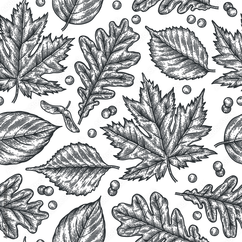 Engraving seamless pattern of leaves and berries Engraving seamless pattern of leaves and berries
