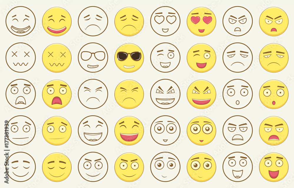 Set Of Outline And Colorful Emoticons, Emoji Isolated On White Background.  Emoticon For Web Site, Chat, Sms. Vector Stock Vector | Adobe Stock