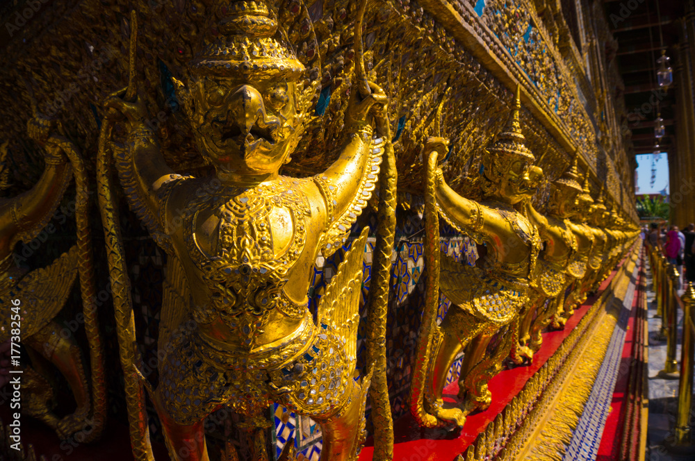 Golden Garuda Sculptures at the Emerald Buddha Temple (Wat Phra Kaew), Grand Palace, Bangkok, Thailand