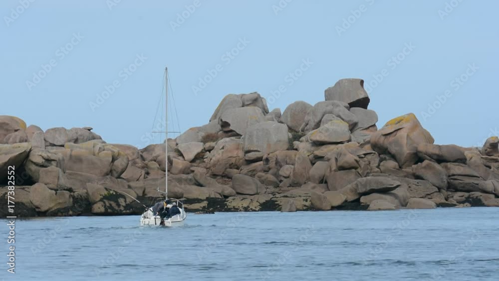 Un petit voilier sort du port de Ploumanach en Bretagne