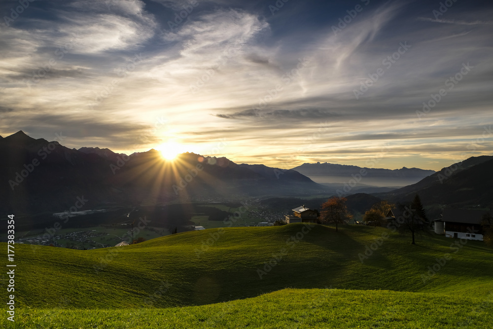 Fototapeta premium Sunset over the austrian alps, Grosswalsertal, Vorarlberg, Austria, Europe
