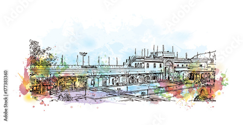Watercolor sketch with splash of City Palace, Udaipur, India in vector illustration.