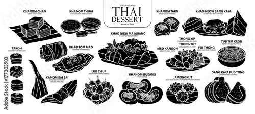 Set of isolated silhouette Thai dessert in 14 menu. Cute hand drawn food vector illustration in white outline and black plane.