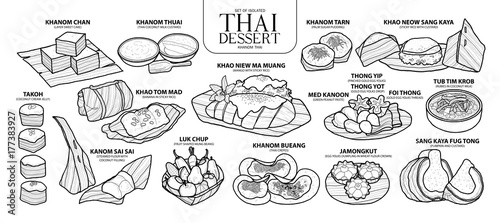 Set of isolated Thai dessert in 14 menu. Cute hand drawn food vector illustration in black outline and white plane.