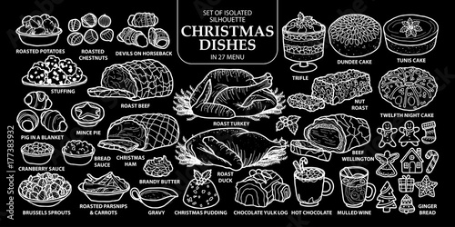Set of isolated traditional English style Christmas dishes in 27 menu. Cute hand drawn food vector illustration in white outline.