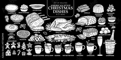Set of isolated white silhouette traditional American style Christmas dishes in 27 menu. Cute hand drawn food vector illustration in white plane and no outline.