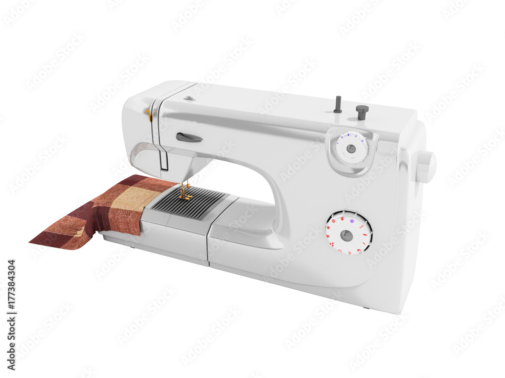 Modern sewing machine with material for seamstresses white perspective 3D render on a white background no shadow
