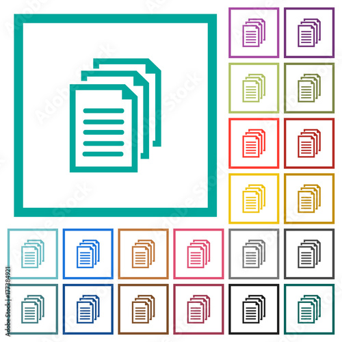 Multiple documents flat color icons with quadrant frames