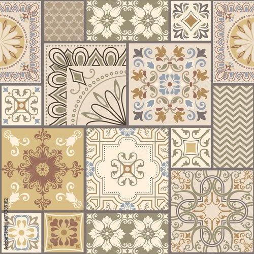 Vector abstract seamless patchwork pattern with geometric and floral ornaments, stylized flowers, dots and lace.