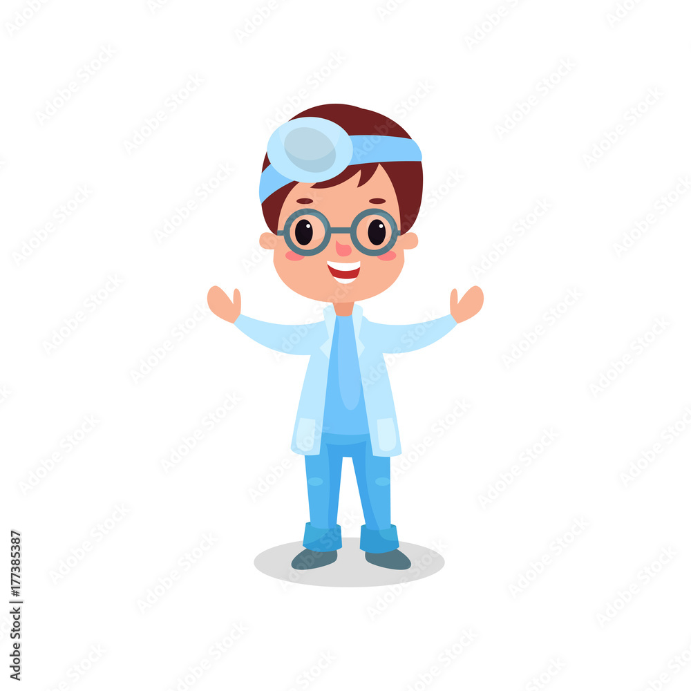 Cute boy doctor in professional clothing with reflector frontal of otolaryngologist, kid playing doctor vector illustration Cute boy doctor in professional clothing with reflector frontal of otolaryngologist, kid playing doctor vector illustration