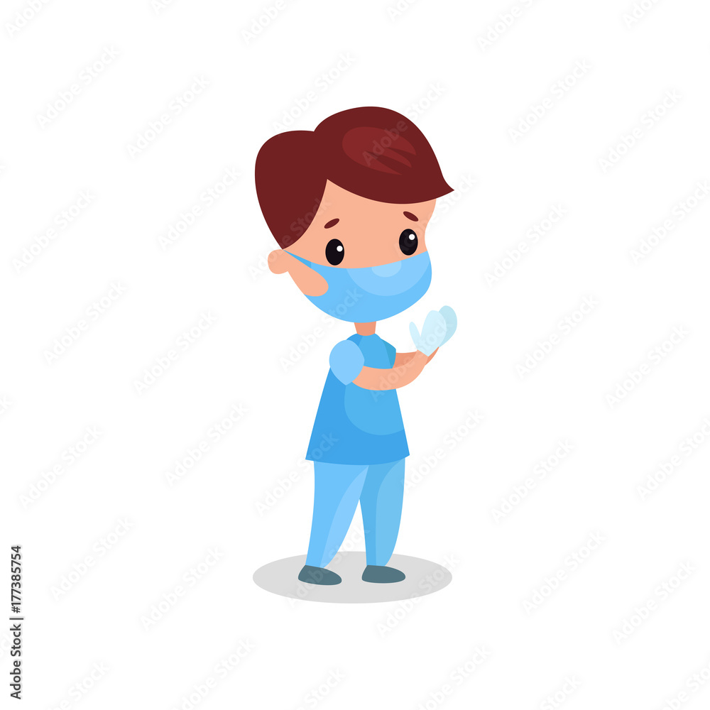 Cute boy doctor in professional clothing in medical mask and gloves, kid playing doctor vector illustration