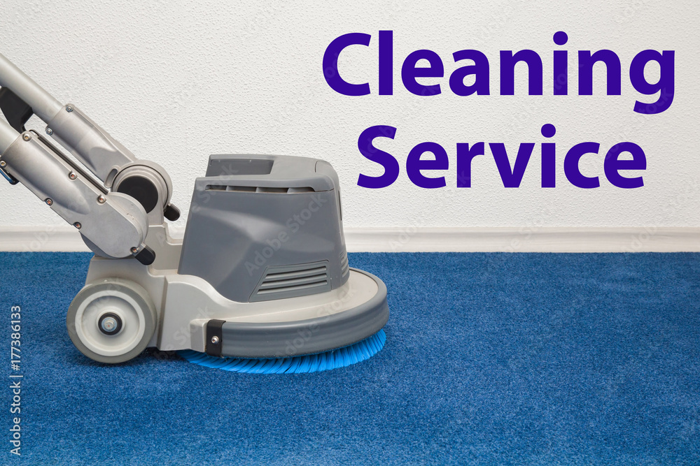Carpet chemical foaming, rubbing and cleaning with professionally disk machine. Early spring regular cleanup. Commercial cleaning company concept with inscription. Carpet chemical foaming, rubbing and cleaning with professionally disk machine. Early spring regular cleanup. Commercial cleaning company concept with inscription.