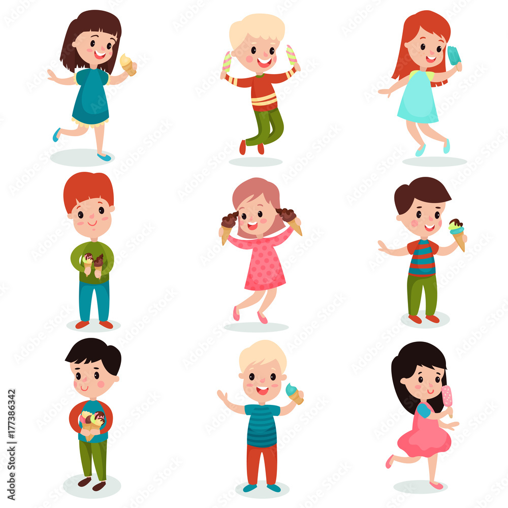 Happy kids eating ice cream set of cartoon vector illustrations Happy kids eating ice cream set of cartoon vector illustrations