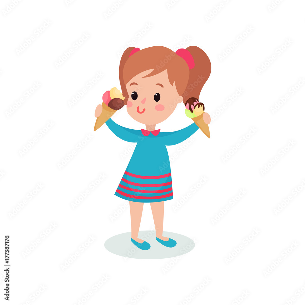 Pretty girl holding two ice creams cartoon vector illustration