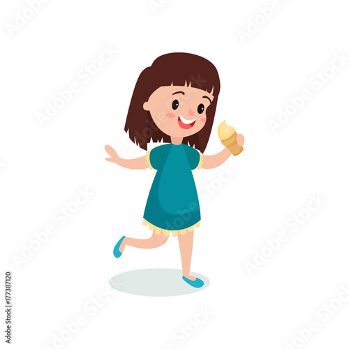 Pretty brunette girl feeling happy with her ice cream cartoon vector illustration