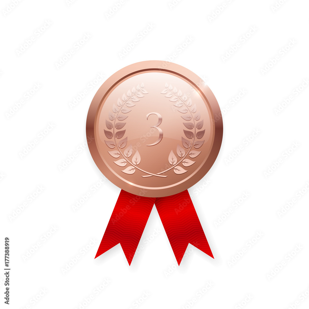 Shiny bronze medal with red ribbon realistic vector icon Shiny bronze medal with red ribbon realistic vector icon