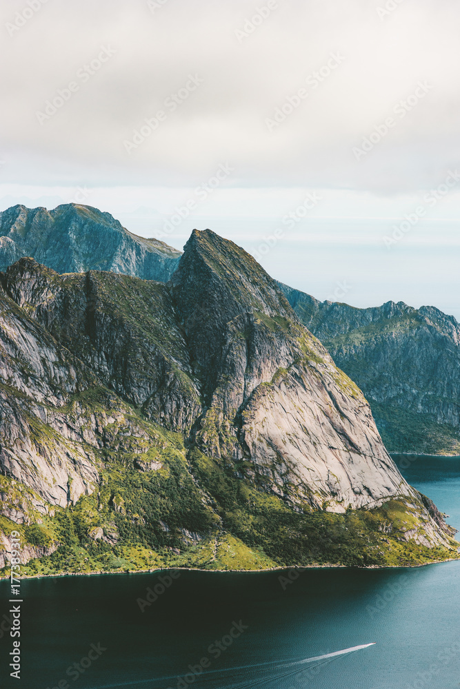 Fjord Mountains Landscape aerial view in Norway scandinavian Travel