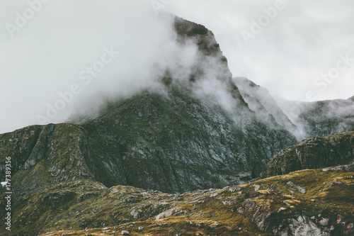 Hermannsdalstinden Mountain Landscape in Norway scandinavian Travel hike foggy weather