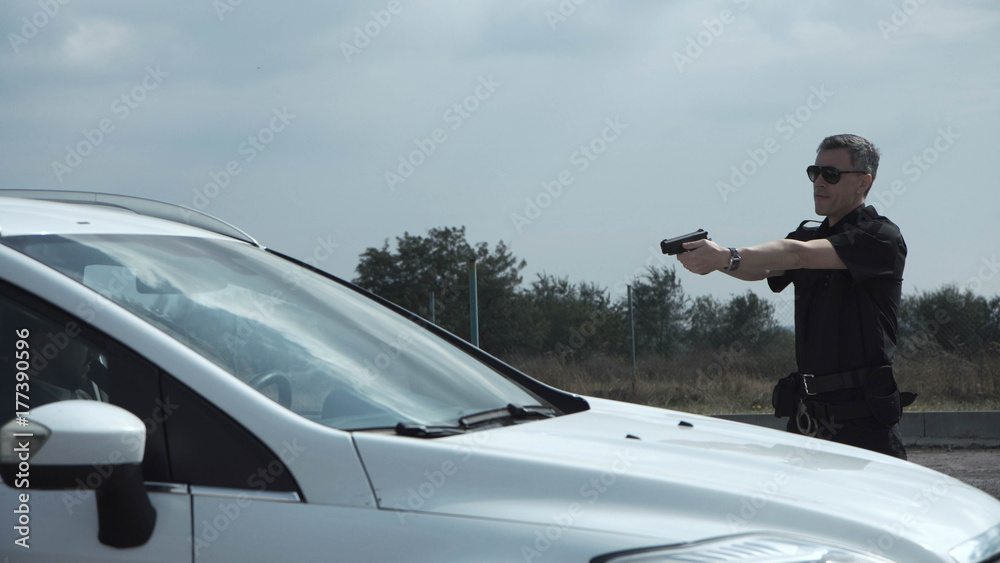 Police officer ordering delinquent to leave the car by aiming pistol and then arresting him. Police officer ordering delinquent to leave the car by aiming pistol and then arresting him.