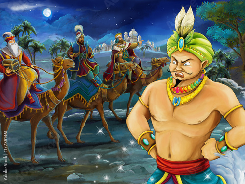Cartoon scene of handsome prince or magician looking on three travelers on camels - illustration for children © honeyflavour
