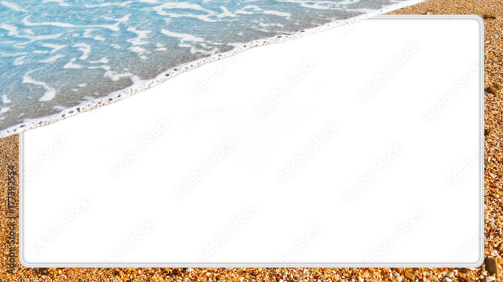 Travel concept, mock up template with sea wave, beach sand and big white  text box. Summer background, touristic poster with natural border, album  page for scrapbooking Stock Photo | Adobe Stock