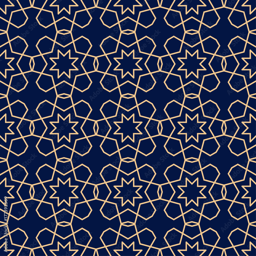 Golden geometric ornament on blue background. Seamless pattern Golden geometric ornament on blue background. Seamless pattern