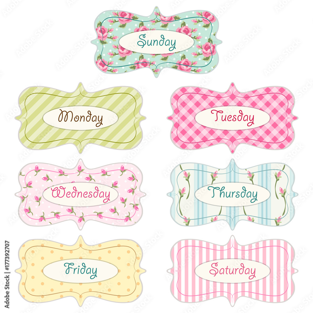 Days of week banners as retro festive frames in shabby chic style Days of week banners as retro festive frames in shabby chic style