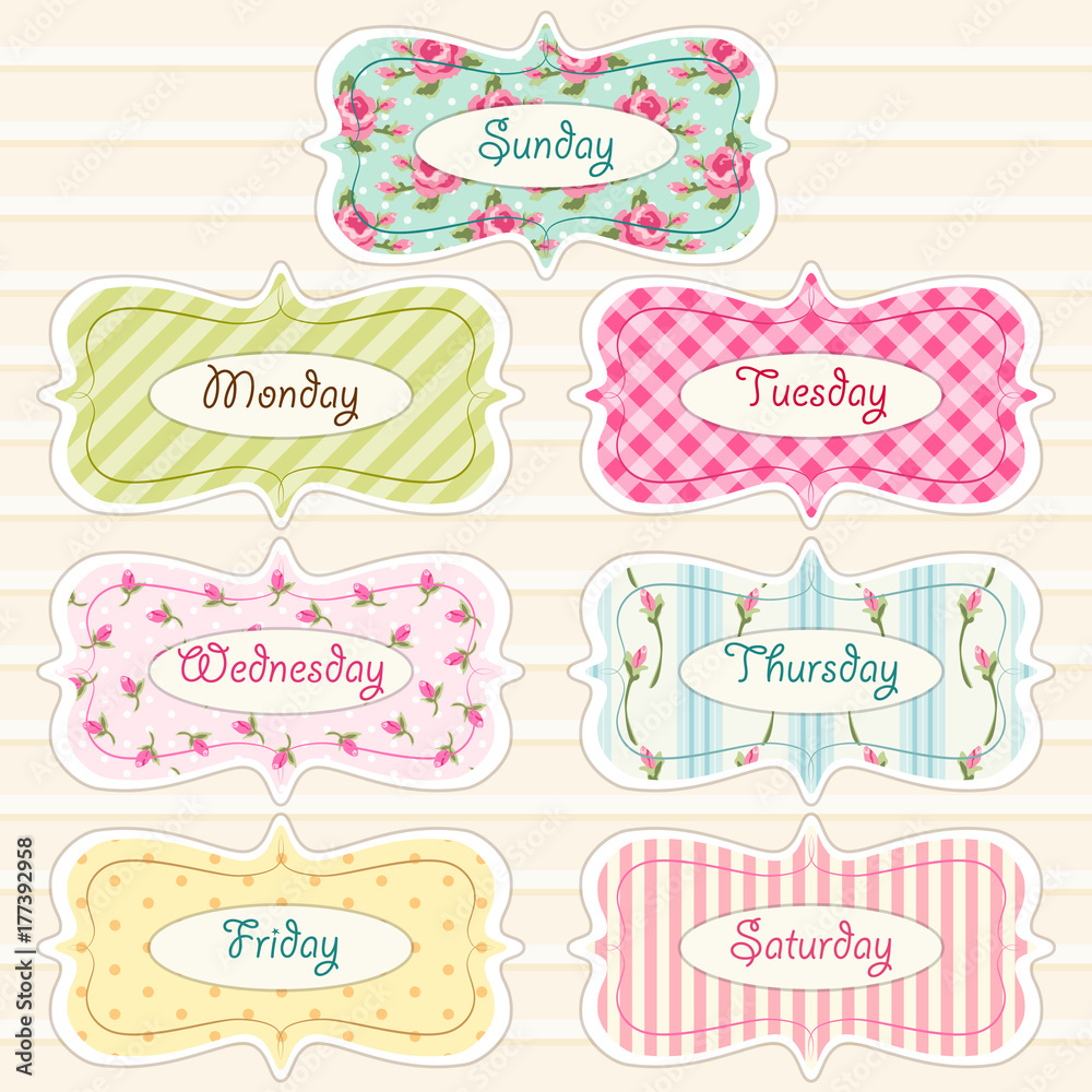 Days of week banners as retro festive frames in shabby chic style Days of week banners as retro festive frames in shabby chic style