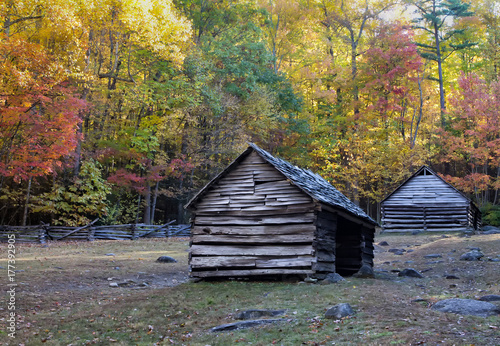 Mountain log cabin homestead surrounded by colorful fall foliage